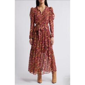 Julia Jordan Maxi Dress Sz 8 Boho Tiered Chiffon Burgundy Floral Long Sleeve